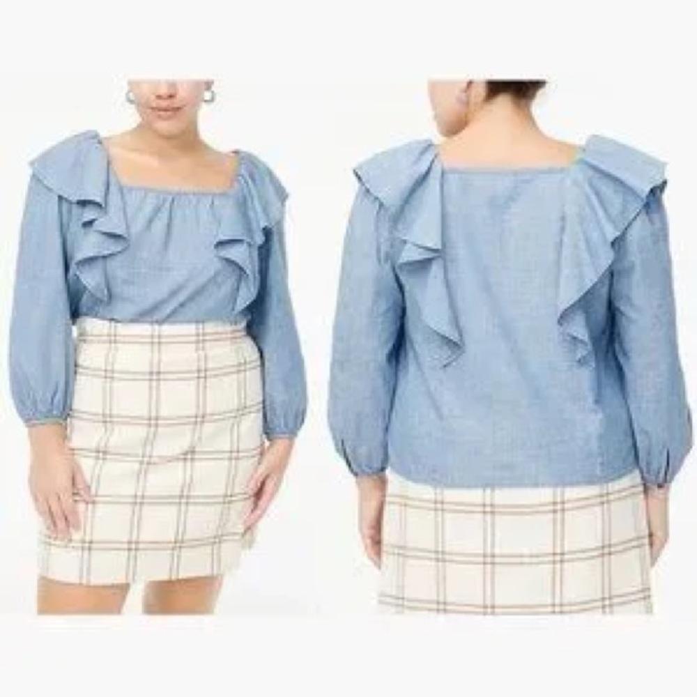 J. Crew NEW Women’s XL Top Blue Chambray Button Front Ruffled Square Neck $80